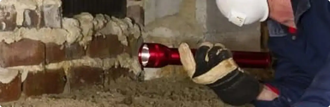 Pest control technician inspecting a crawl space for ant activity in Linden, CA