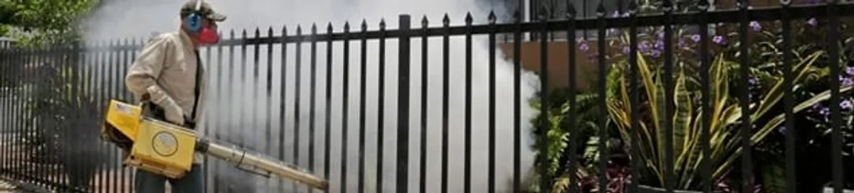 Mosquito control technician fogging a yard perimeter for mosquito reduction in Stockton, CA